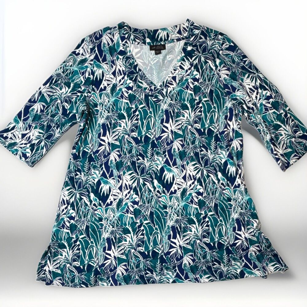J. Jill Wearever Collection Shirt Top Petite M Blue & Green Tropical Parrot Bird